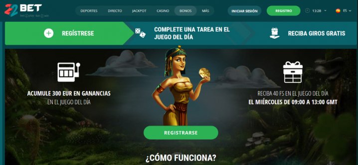 ¡Gana tiradas gratuitas diarias en el casino 22BET!