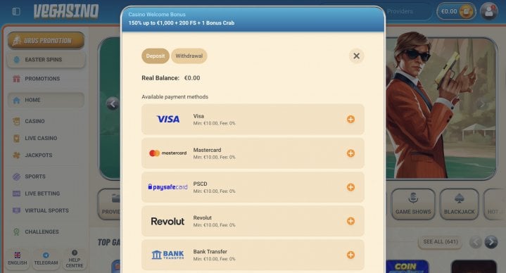 Schnittstelle für Einzahlungen im Vegasino Kontobereich